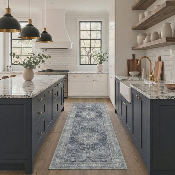 GENIMO 2' x 6' Diamond Persian Runner Rug, Machine Washable Non Slip Low Pile Hallway Runner Rug for Kitchen Laundry Room, Dusty Blue