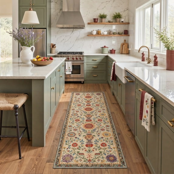 GENIMO 2' x 6' Floral Botanical Runner Rug, Machine Washable Non Slip Low Pile Hallway Runner Rug for Kitchen Laundry Room, Warm Beige