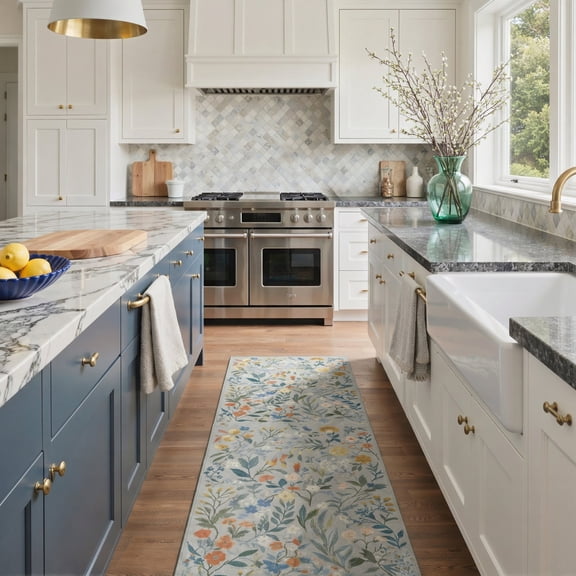 GENIMO 2' x 6' Floral Runner Rug, Machine Washable Non Slip Low Pile Hallway Runner Rug for Kitchen Laundry Room, Dusty Blue