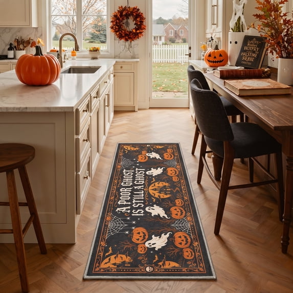 GENIMO 2'x6' Halloween Runner Rug, Washable Non Slip Soft Whimsical Ghost Indoor Outdoor Hallway Runner for Porch Patio Kitchen Entryway, Midnight Orange