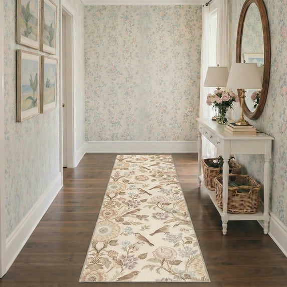 GENIMO 2' x 6' Runner Rug, Machine Washable Non Slip Low Pile Hallway Runner Rug for Kitchen Laundry Room, Botanical Floral, Dusty Beige