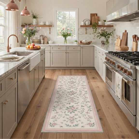 GENIMO 2' x 6' Runner Rug, Machine Washable Non Slip Low Pile Hallway Runner Rug for Kitchen Laundry Room, Botanical Floral, Dusty Pink
