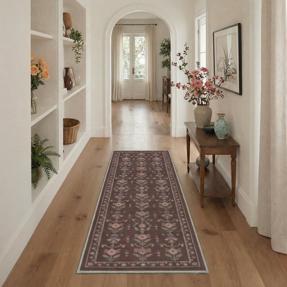 GENIMO 2' x 6' Runner Rug, Machine Washable Non Slip Low Pile Hallway Runner Rug for Kitchen Laundry Room, Classic Floral, Dusty Plum