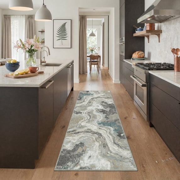 GENIMO 2' x 6' Runner Rug, Machine Washable Non Slip Low Pile Hallway Runner Rug for Kitchen Laundry Room, Muted Abstract, Blue Gray