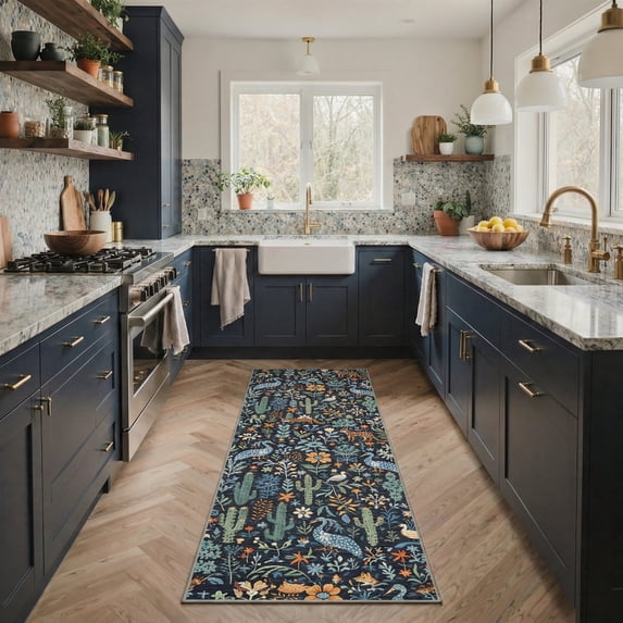 GENIMO 2' x 6' Runner Rug, Machine Washable Non Slip Low Pile Hallway Runner Rug for Kitchen Laundry Room, Neutral Animal Print, Deep Indigo