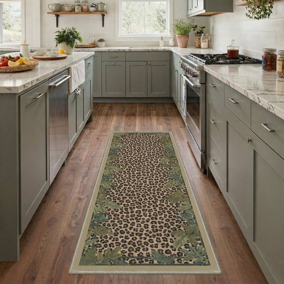 GENIMO 2' x 6' Runner Rug, Machine Washable Non Slip Low Pile Hallway Runner Rug for Kitchen Laundry Room, Neutral Animal Print, Dusty Olive