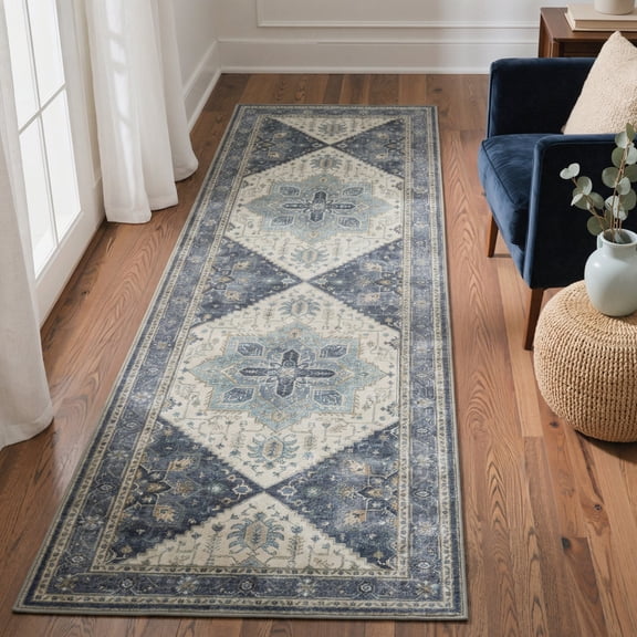 GENIMO 2' x 6' Runner Rug, Machine Washable Non Slip Low Pile Hallway Runner Rug for Kitchen Laundry Room, Persian Geometric, Dusty Blue