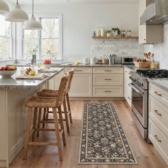 GENIMO 2' x 6' Runner Rug, Machine Washable Non Slip Low Pile Hallway Runner Rug for Kitchen Laundry Room, Romantic Floral, Dusty Charcoal
