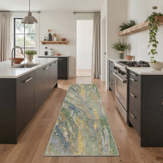 GENIMO 2' x 6' Runner Rug, Machine Washable Non Slip Low Pile Hallway Runner Rug for Kitchen Laundry Room, Soft Abstract, Dusty Green