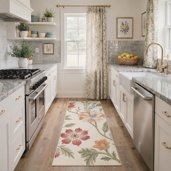 GENIMO 2' x 6' Runner Rug, Machine Washable Non Slip Low Pile Hallway Runner Rug for Kitchen Laundry Room, Soft Floral, Dusty Beige