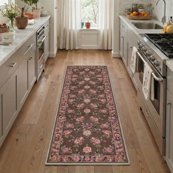 GENIMO 2' x 6' Runner Rug, Machine Washable Non Slip Low Pile Hallway Runner Rug for Kitchen Laundry Room, Soft Floral, Dusty Brown