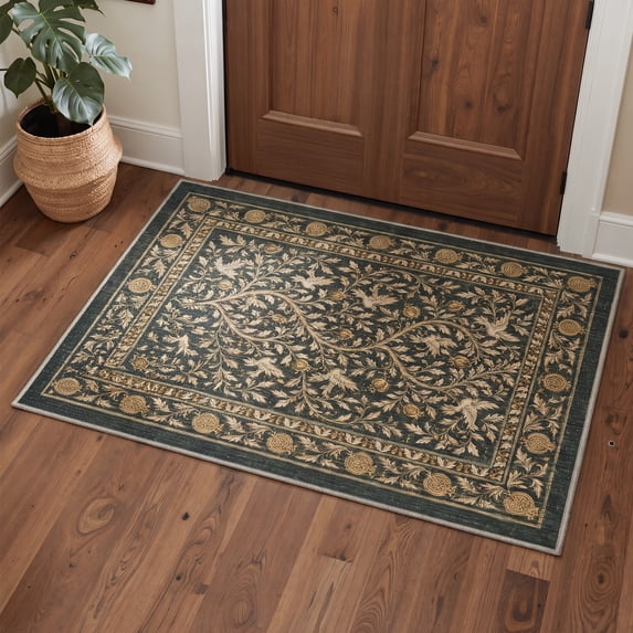 GENIMO 2'x3' Area Rug for Entryway, Machine Washable Non Slip Low Pile Indoor Door Mat for Front Door Kitchen Bathroom, Classic Floral, Antique Emerald
