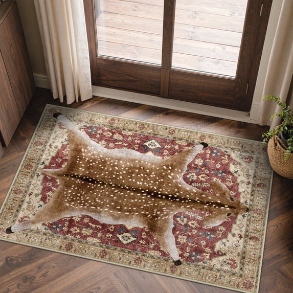 GENIMO 2'x3' Area Rug for Entryway, Machine Washable Non Slip Low Pile Indoor Door Mat for Front Door Kitchen Bathroom, Contemporary Animal Print, Dusty Red