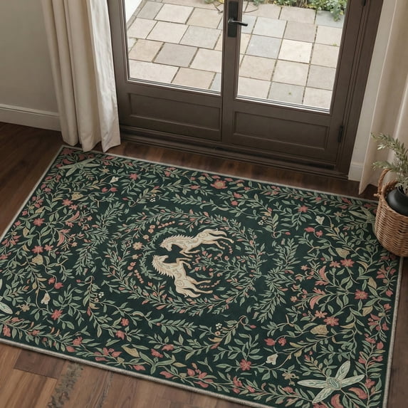 GENIMO 2'x3' Area Rug for Entryway, Machine Washable Non Slip Low Pile Indoor Door Mat for Front Door Kitchen Bathroom, Contemporary Animal Print, Forest Green
