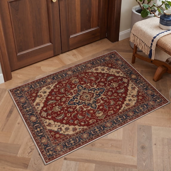 GENIMO 2'x3' Area Rug for Entryway, Machine Washable Non Slip Low Pile Indoor Door Mat for Front Door Kitchen Bathroom, Distressed Persian Diamond, RUBYORBIT