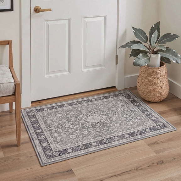 GENIMO 2'x3' Area Rug for Entryway, Machine Washable Non Slip Low Pile Indoor Door Mat for Front Door Kitchen Bathroom, Distressed Persian Diamond, Smoky Gray