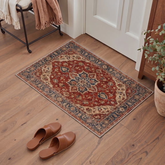 GENIMO 2'x3' Area Rug for Entryway, Machine Washable Non Slip Low Pile Indoor Door Mat for Front Door Kitchen Bathroom, Modern Persian Diamond, Dusty Burgundy