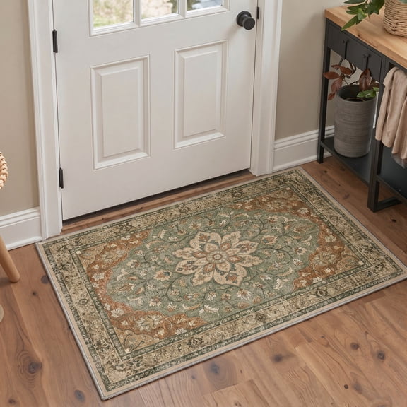 GENIMO 2'x3' Area Rug for Entryway, Machine Washable Non Slip Low Pile Indoor Door Mat for Front Door Kitchen Bathroom, Vintage Persian Diamond, Earthy Sage