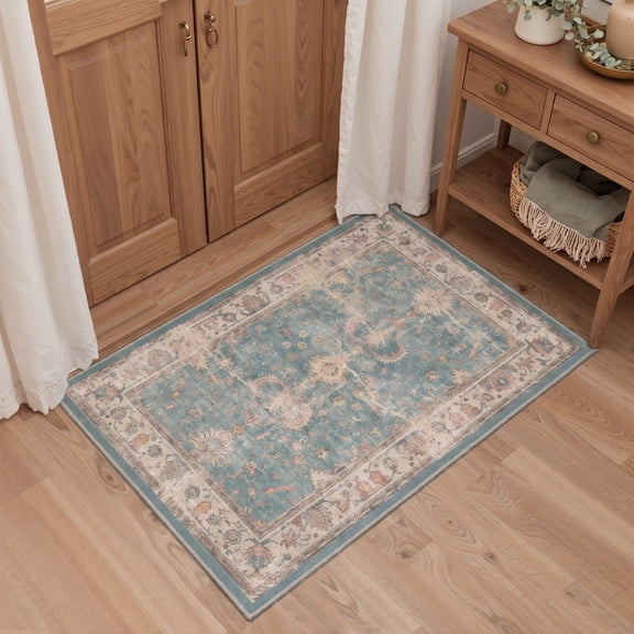 GENIMO 2'x3' Area Rug, Machine Washable Non Slip Low Pile Rug for Entryway Kitchen Bathroom Front Door, Distressed Persian, Dusty Teal
