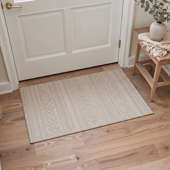 GENIMO 2'x3' Area Rug, Washable Non Slip Soft Boho Geometric Indoor Door Mat for Entryway Kitchen Laundry Room, Linen Beige