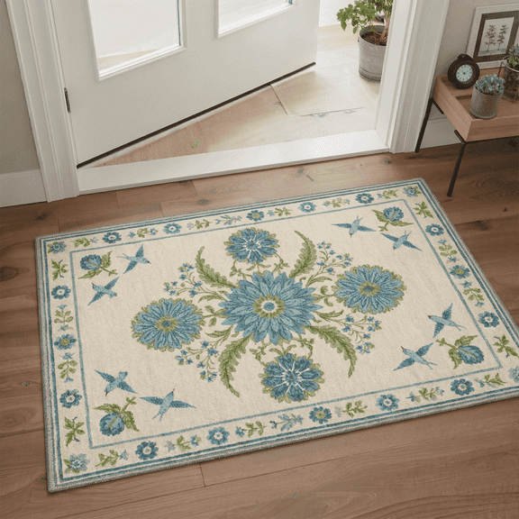 GENIMO 2'x3' Area Rug, Washable Non Slip Soft Floral Birds Indoor Door Mat for Entryway Kitchen Laundry Room, Dusty Blue