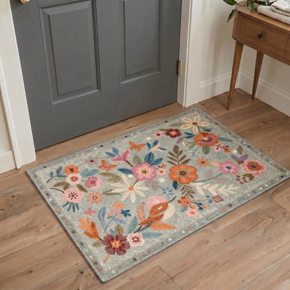 GENIMO 2'x3' Area Rug, Washable Non Slip Soft Floral Botanical Indoor Door Mat for Entryway Kitchen Laundry Room, Dusty Blue