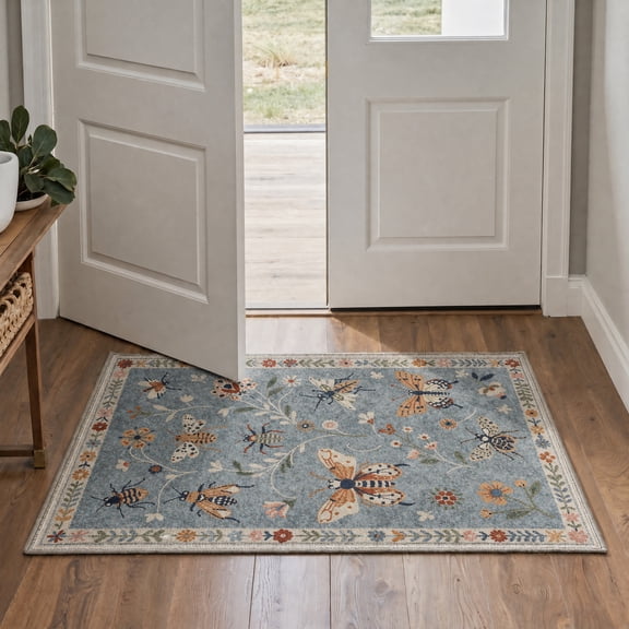GENIMO 2'x3' Area Rug, Washable Non Slip Soft Floral Botanical Indoor Door Mat for Entryway Kitchen Laundry Room, Dusty Blue