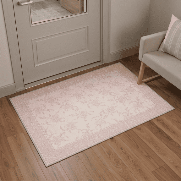 GENIMO 2'x3' Area Rug, Washable Non Slip Soft Floral Indoor Door Mat for Entryway Kitchen Laundry Room, Blush Pink