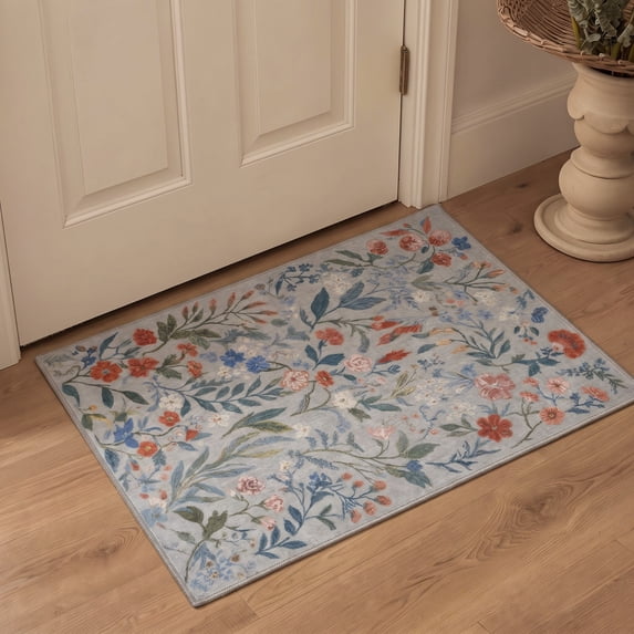 GENIMO 2'x3' Area Rug, Washable Non Slip Soft Floral Indoor Door Mat for Entryway Kitchen Laundry Room, Dusty Blue