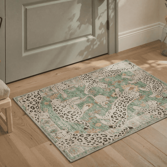 GENIMO 2'x3' Area Rug, Washable Non Slip Soft Leopard Print Indoor Door Mat for Entryway Kitchen Laundry Room, Dusty Sage