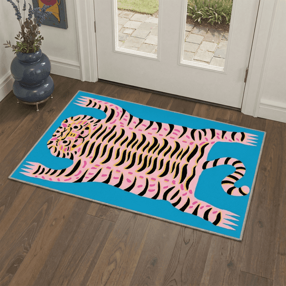 GENIMO 2'x3' Area Rug, Washable Non Slip Soft Tiger Print Indoor Door Mat for Entryway Kitchen Laundry Room, Aqua Pink