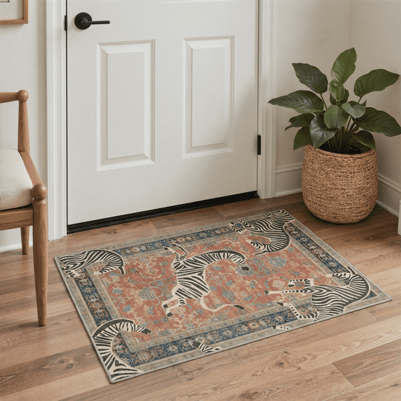 GENIMO 2'x3' Area Rug, Washable Non Slip Soft Zebra Print Indoor Door Mat for Entryway Kitchen Laundry Room, Rust Red