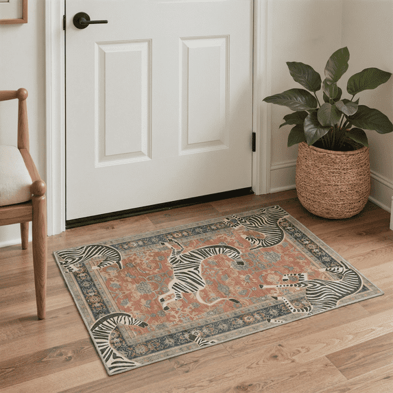 GENIMO 2'x3' Area Rug, Washable Non Slip Soft Zebra Print Indoor Door Mat for Entryway Kitchen Laundry Room, Rust Red