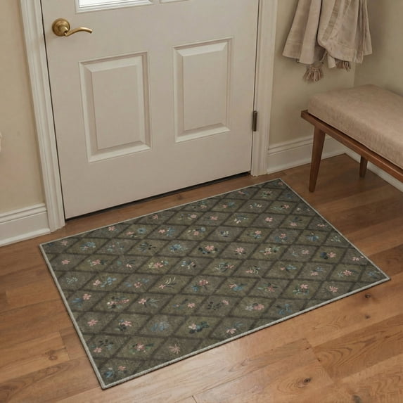 GENIMO 2'x3' Area Rug for Entryway, Machine Washable Non Slip Low Pile Indoor Door Mat for Front Door Kitchen Bathroom, Classic Floral, Muted Olive