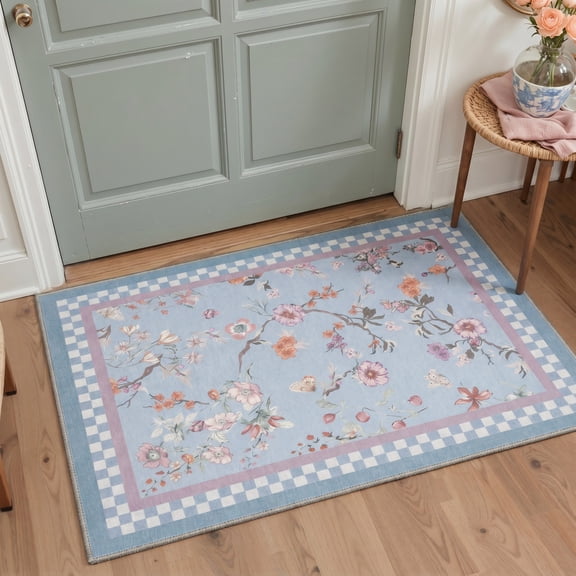 GENIMO 2'x3' Area Rug for Entryway, Machine Washable Non Slip Low Pile Indoor Door Mat for Front Door Kitchen Bathroom, Classic Floral, Powder Blue