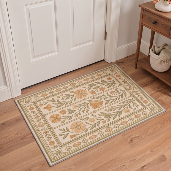 GENIMO 2'x3' Area Rug for Entryway, Machine Washable Non Slip Low Pile Indoor Door Mat for Front Door Kitchen Bathroom, Classic Floral, Sage Cream