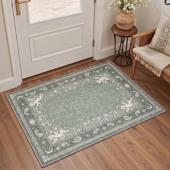 GENIMO 2'x3' Area Rug for Entryway, Machine Washable Non Slip Low Pile Indoor Door Mat for Front Door Kitchen Bathroom, Garden Floral, Dusty Sage