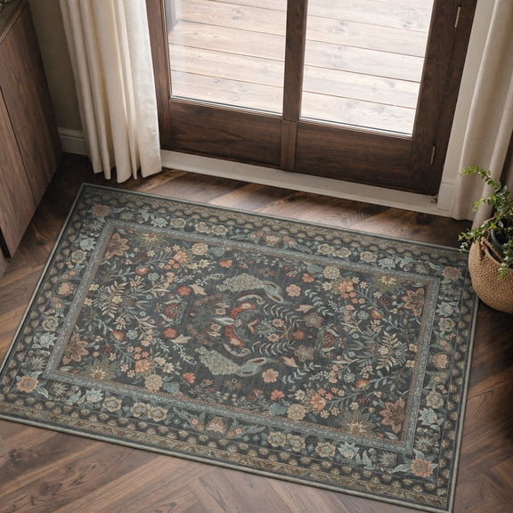 GENIMO 2'x3' Area Rug for Entryway, Machine Washable Non Slip Low Pile Indoor Door Mat for Front Door Kitchen Bathroom, Garden Floral, Slate Blue