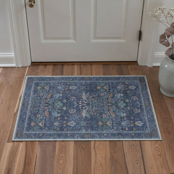 GENIMO 2'x3' Area Rug for Entryway, Machine Washable Non Slip Low Pile Indoor Door Mat for Front Door Kitchen Bathroom, Modern Artistic, Dusty Blue