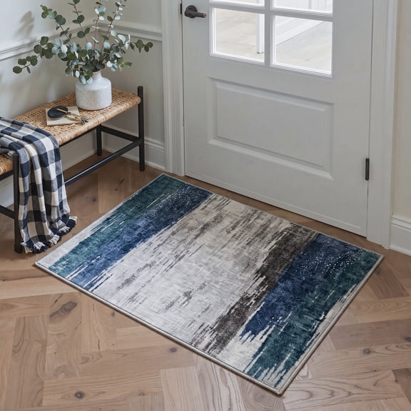 GENIMO 2'x3' Area Rug for Entryway, Machine Washable Non Slip Low Pile Indoor Door Mat for Front Door Kitchen Bathroom, Soft Abstract, Misty Teal