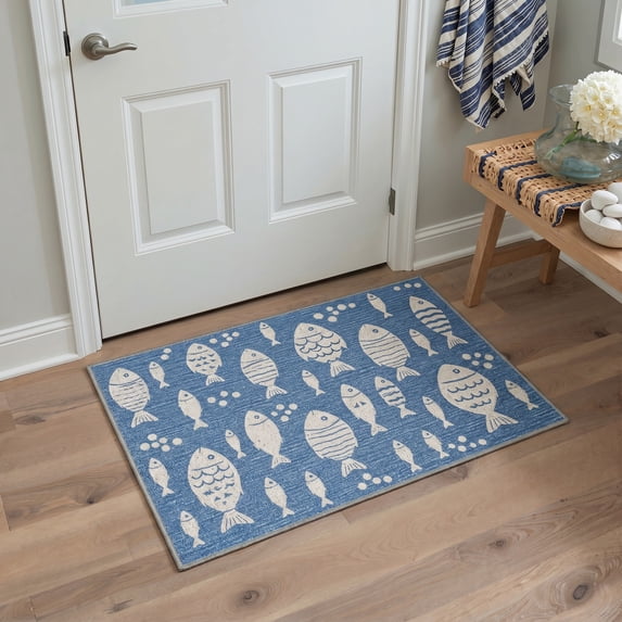 GENIMO 2'x3' Area Rug for Entryway, Machine Washable Non Slip Low Pile Indoor Door Mat for Front Door Kitchen Bathroom, Soft Animal Print, Dusty Blue