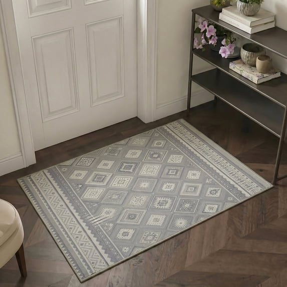 GENIMO 2'x3' Boho Area Rug, Machine Washable Non Slip Low Pile Rug for Entryway Front Door Kitchen Bathroom, Dusty Gray