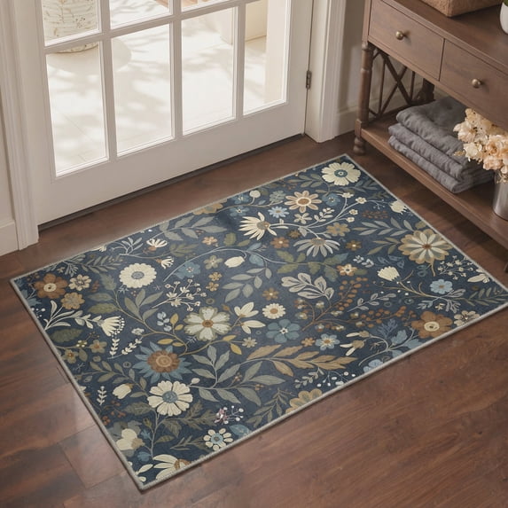 GENIMO 2'x3' Entryway Rug, Machine Washable Non Slip Low Pile Area Rug for Front Door Kitchen Bathroom, Botanical Floral, Dusty Navy