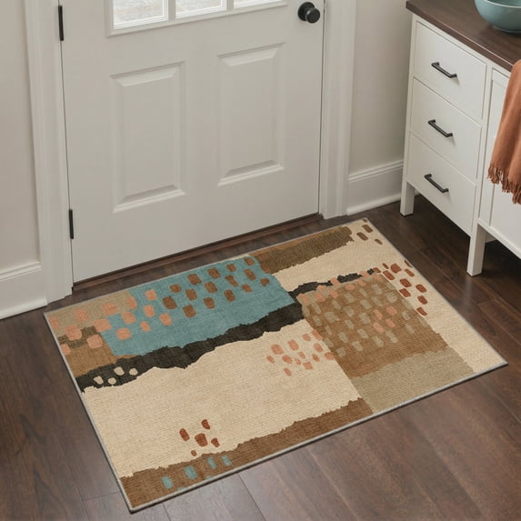 GENIMO 2'x3' Entryway Rug, Machine Washable Non Slip Low Pile Area Rug for Front Door Kitchen Bathroom, Clean Minimalist, Muted Earth