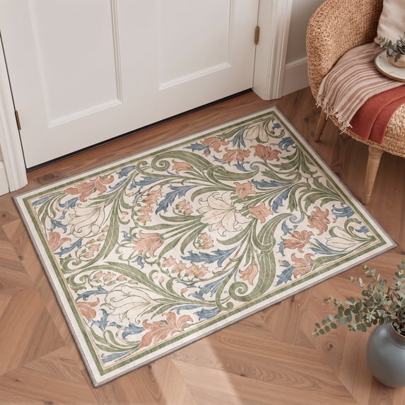 GENIMO 2'x3' Entryway Rug, Machine Washable Non Slip Low Pile Area Rug for Front Door Kitchen Bathroom, Contemporary Art, JADE BLOOM