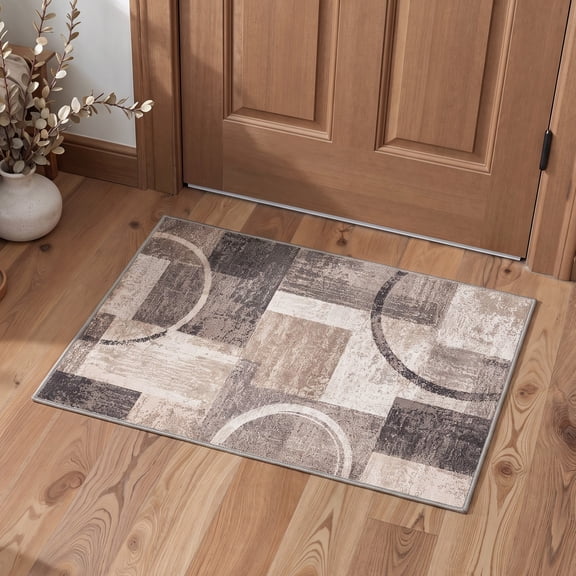 GENIMO 2'x3' Entryway Rug, Machine Washable Non Slip Low Pile Area Rug for Front Door Kitchen Bathroom, Modern Minimalist, OCHRE ORBIT