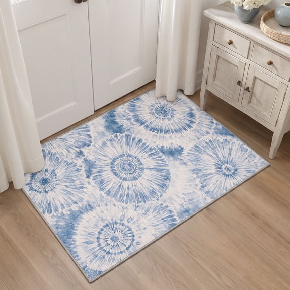 GENIMO 2'x3' Entryway Rug, Machine Washable Non Slip Low Pile Area Rug for Front Door Kitchen Bathroom, Muted Floral, INDIGO BLOOM