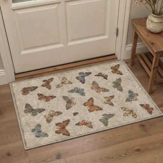 GENIMO 2'x3' Entryway Rug, Machine Washable Non Slip Low Pile Area Rug for Front Door Kitchen Bathroom, Nature Inspired Animal Print, Warm Beige