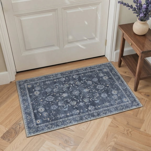 GENIMO 2'x3' Entryway Rug, Machine Washable Non Slip Low Pile Area Rug for Front Door Kitchen Bathroom, Timeless Persian, Dusty Navy
