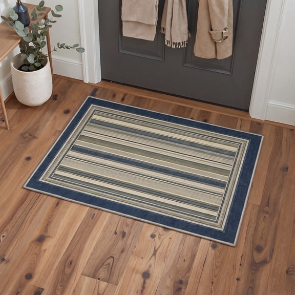 GENIMO 2'x3' Entryway Rug, Machine Washable Non Slip Low Pile Area Rug for Front Door Kitchen Bathroom, Warm Minimalist, Navy Cream